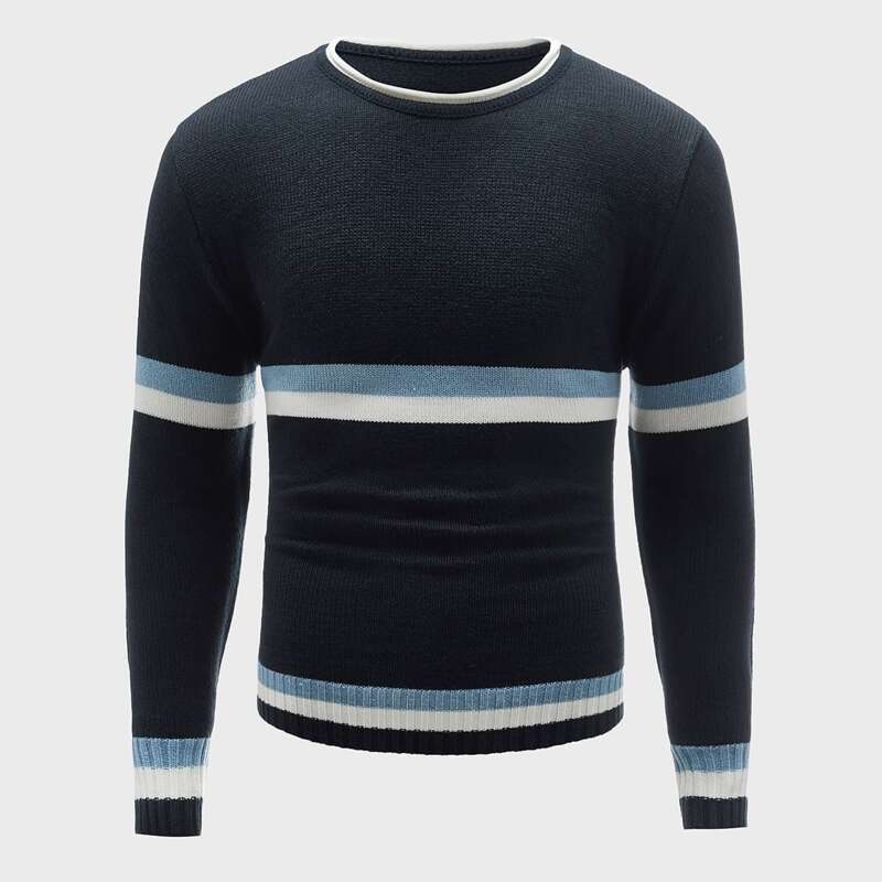

Guys Striped Round Neck Sweater, Navy blue