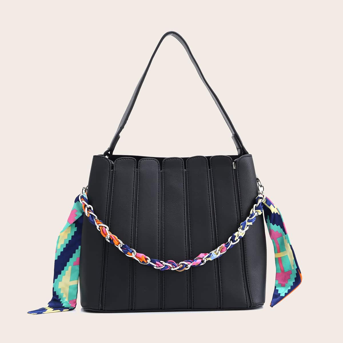 

Scarf & Scallop Decor Bucket Bag, Black