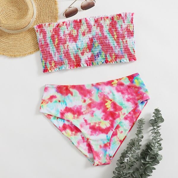 

Plus Tie Dye Smocked Frill Bandeau Bikini Swimsuit, Multicolor