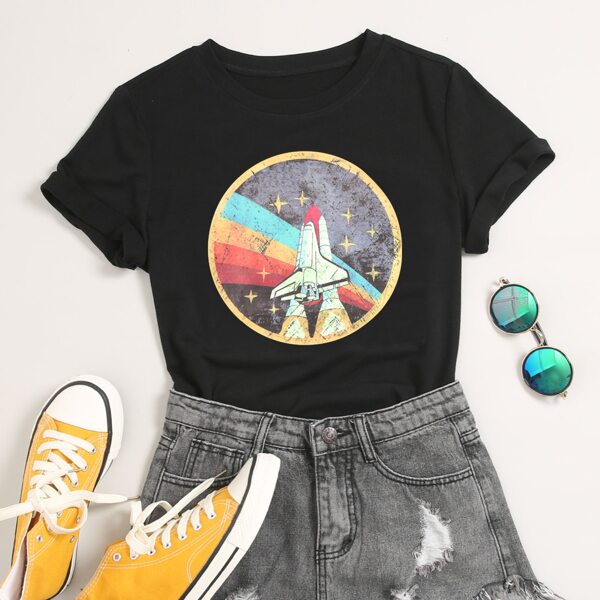 

Plus Rocket Print Crew Neck Tee, Black