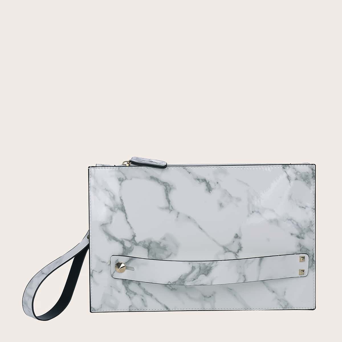 

Marble Pattern Clutch Bag With Wristlet, White