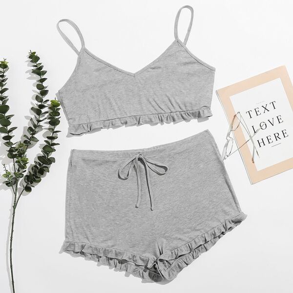 

Plus Rib Frill Trim Lingerie Set, Grey