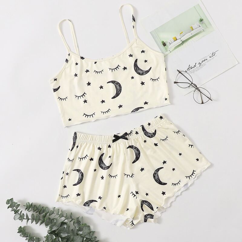 

Galaxy And Eyelash Print Pajama Set, Beige