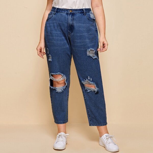 

Plus Ripped Detail Tapered Jeans, Dark wash