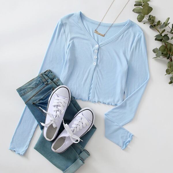 

Solid Button Front Lettuce Trim Tee, Baby blue