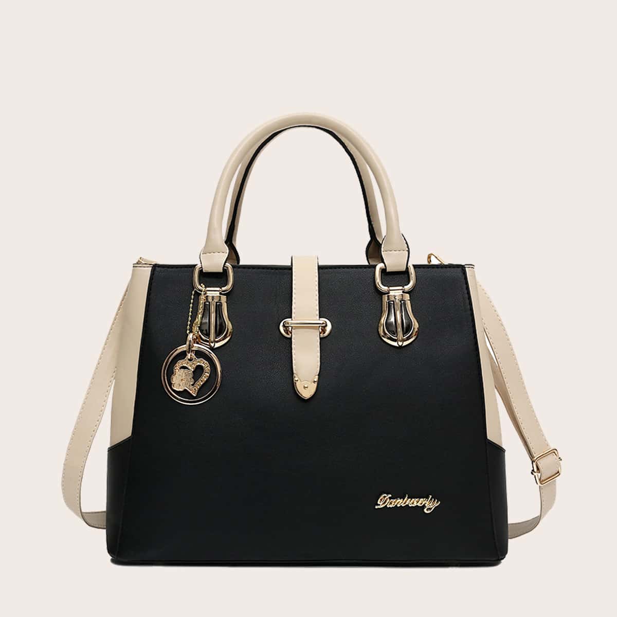 

Metal Letter Decor Satchel Bag, Black