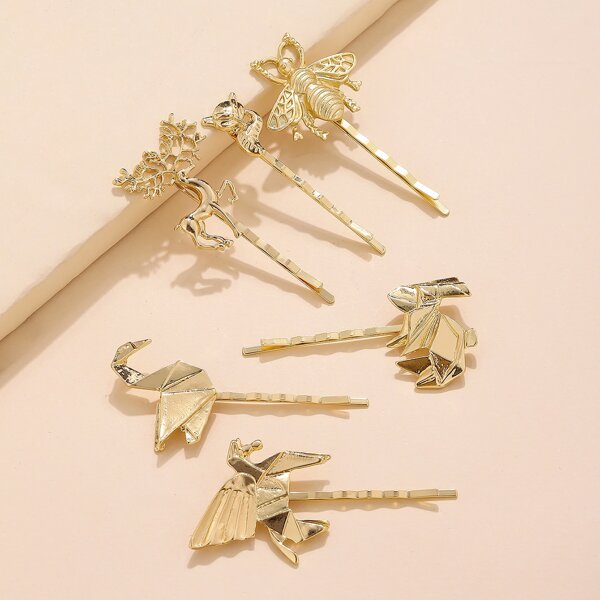 

6pcs Bee & Deer Decor Bobby Pin, Gold