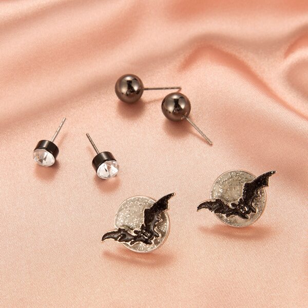 

3pairs Halloween Bat Design Stud Earrings, Black