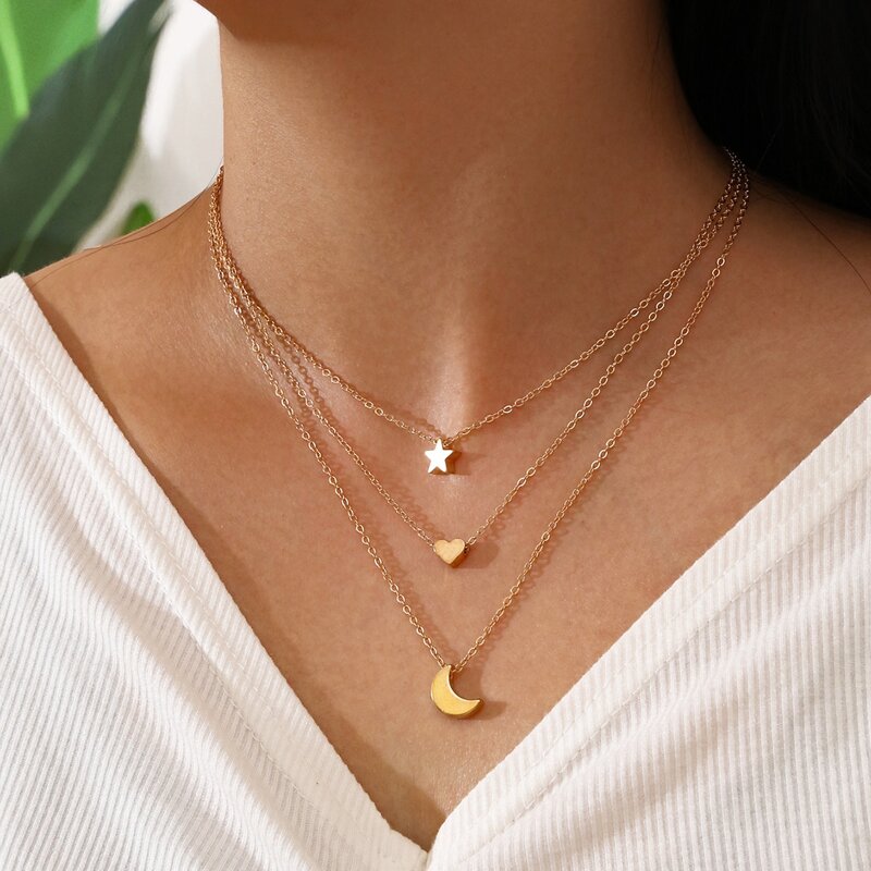 

3pcs Moon & Star Charm Necklace, Gold