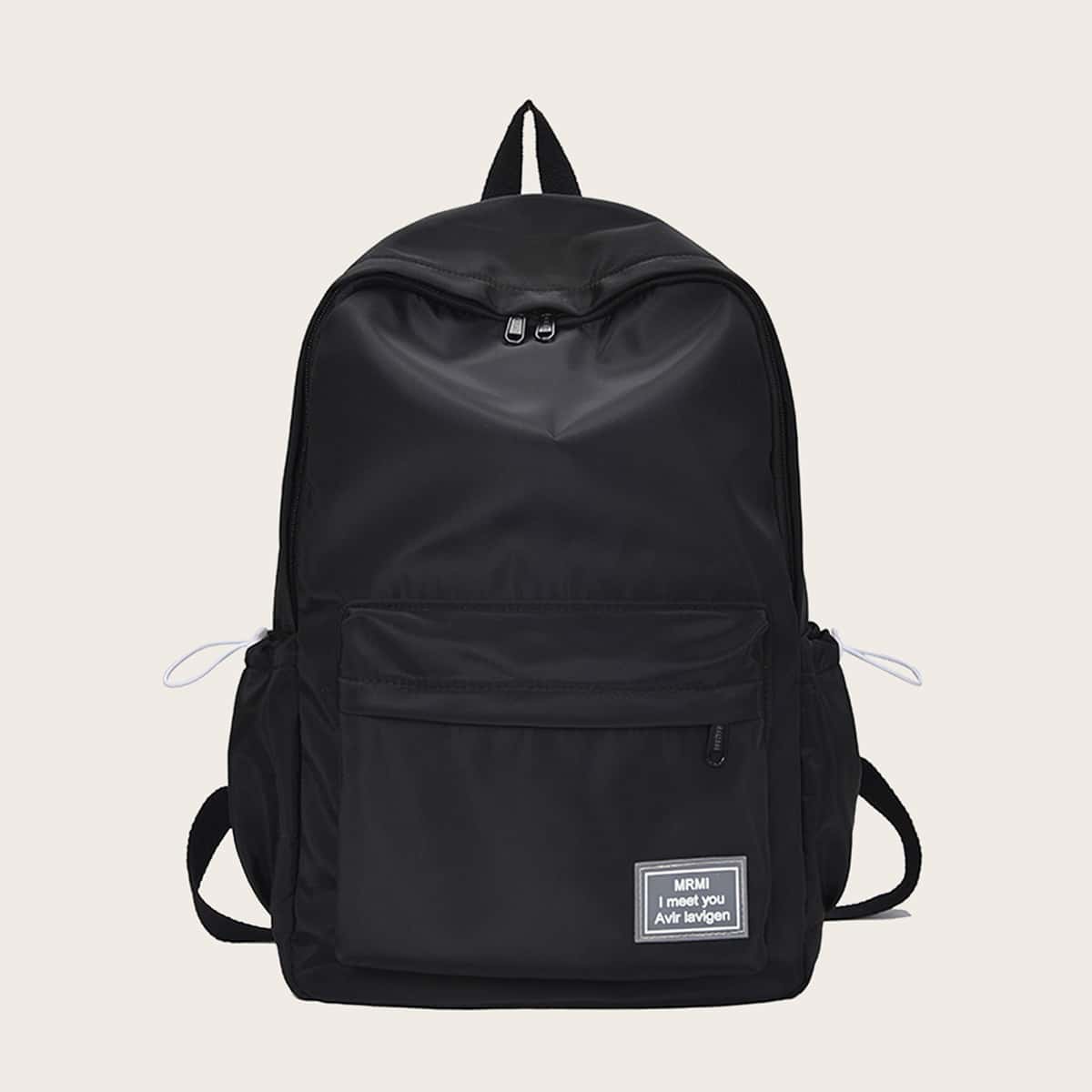 

Drawstring Decor Letter Patch Backpack, Black