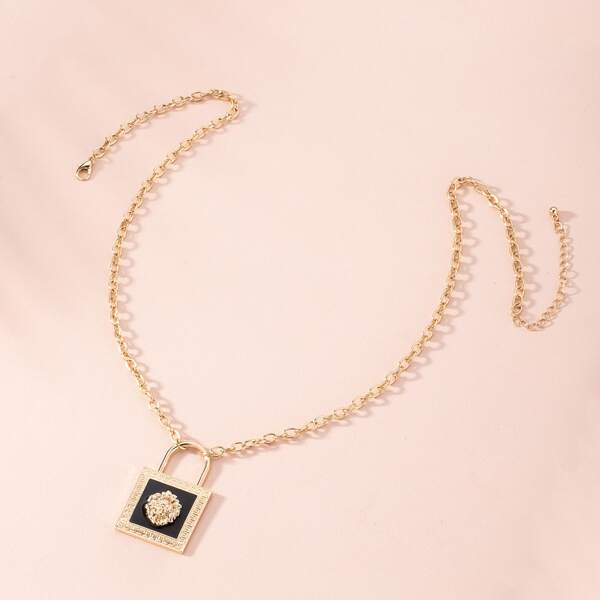 

Lion Decor Lock Charm Necklace, Gold
