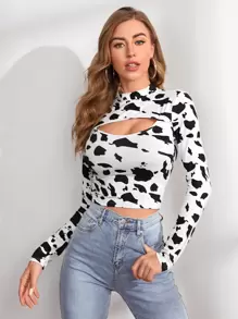 SHEIN Privé Mock Neck Cut Out Front Cow Pattern Top - Black and White - View 1