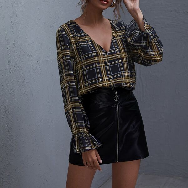 

Plaid Ruffle Cuff Top, Multicolor