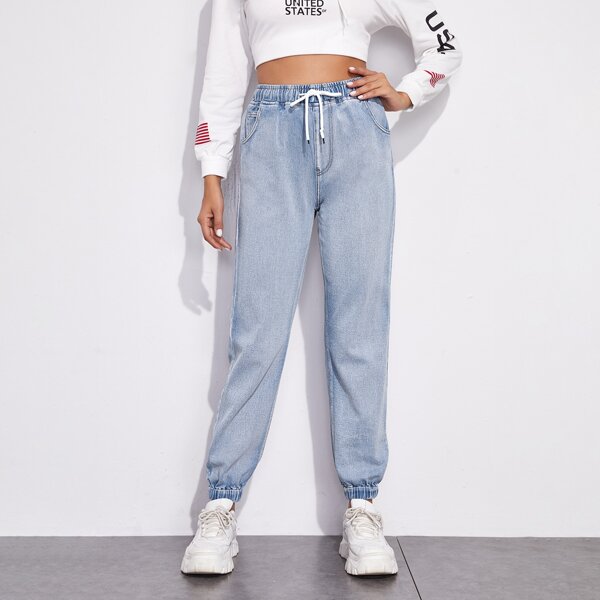

Solid Drawstring Waist Carrot Jeans, Light wash