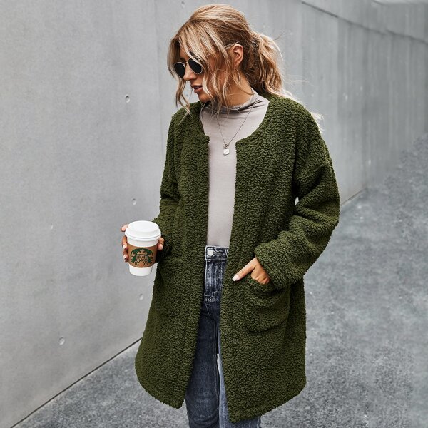 

Open Front Drop Shoulder Dual Pocket Teddy Coat, Army green