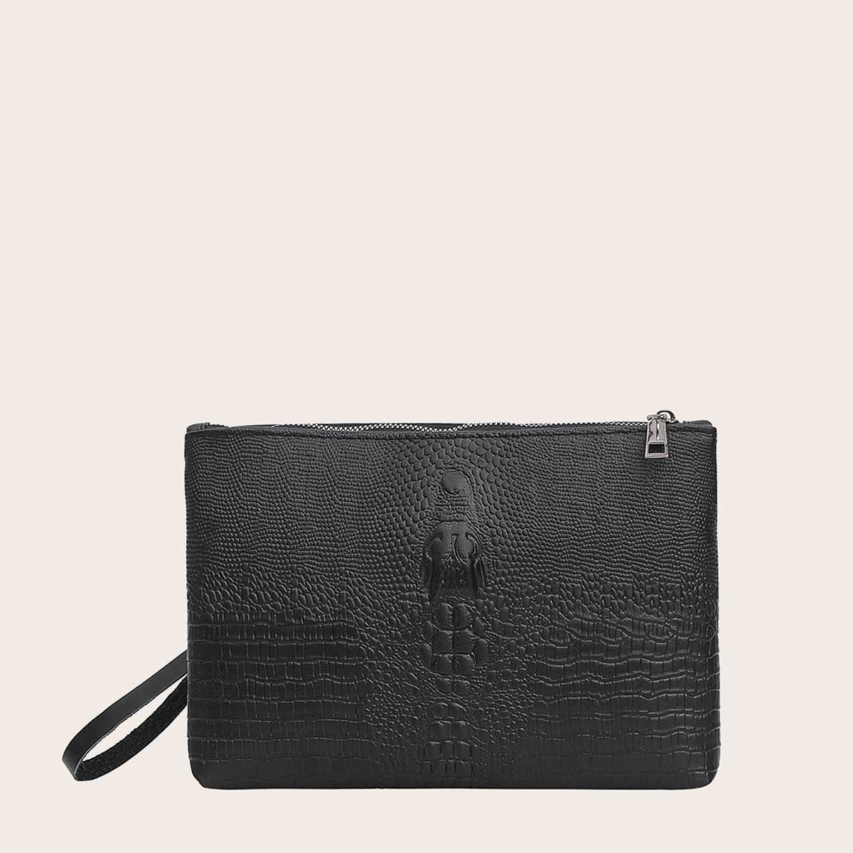 

Croc Embossed Clutch Bag With Wristlet, Black