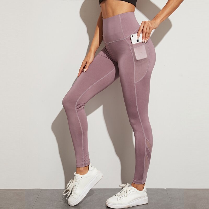 

Solid Sports Leggings With Phone Pocket, Mauve purple