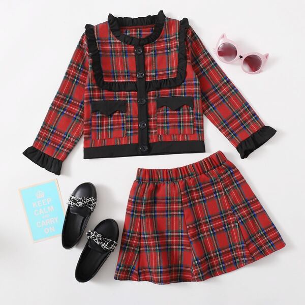 

Toddler Girls Frill Trim Tartan Jacket & Skirt, Red