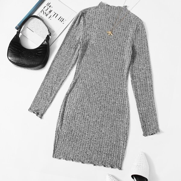 

Mock-neck Lettuce Edge Bodycon Dress, Light grey