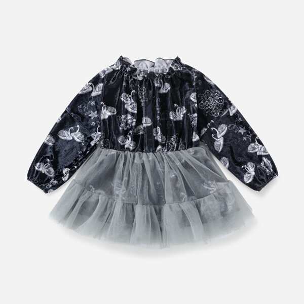

Toddler Girls Swan Print Ruffle Neck Mesh Overlay Dress, Multicolor