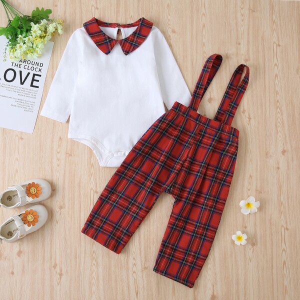 

Baby Boy Contrast Collar Bodysuit & Tartan Suspender Pants, Red and white