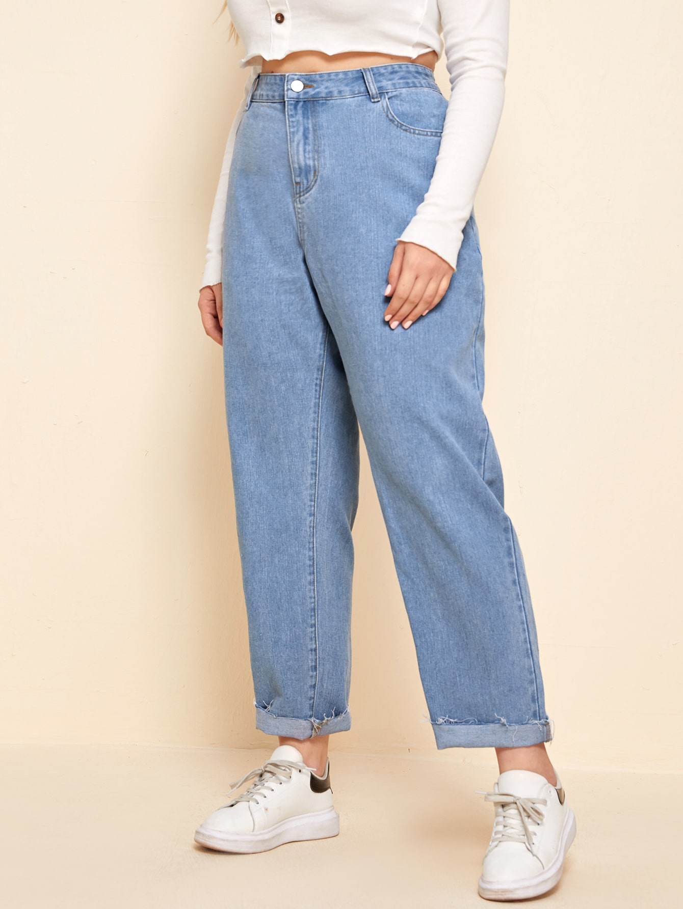 Plus Solid Raw Hem Mom Jeans thumbnail