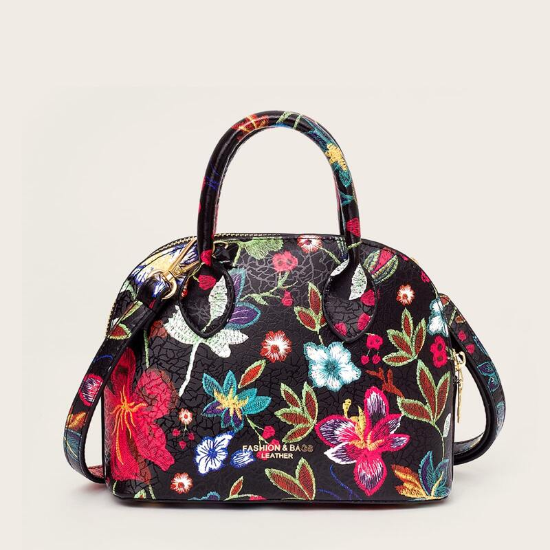 

Floral Embroidery Dome Bag, Black