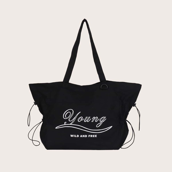 

Drawstring Decor Letter Graphic Tote Bag, Black