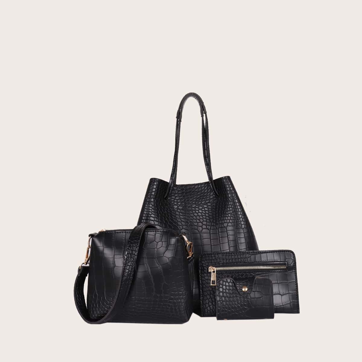 

4pcs Croc Embossed Tote Bag Set, Black