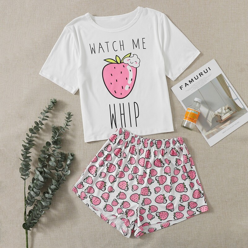 

Letter & Strawberry Print PJ Set, White