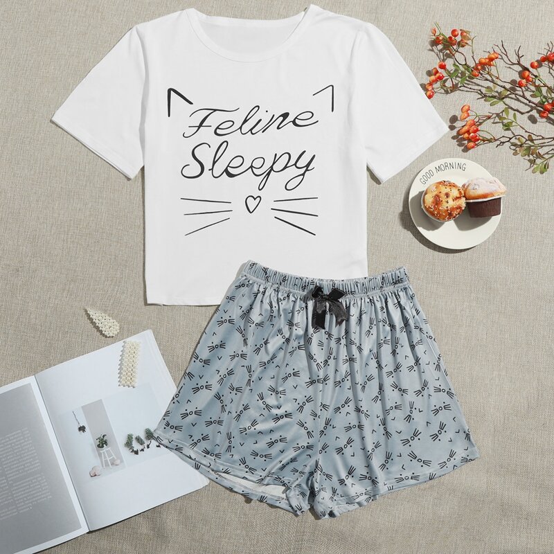 

Letter & Cartoon Graphic PJ Set, Blue and white