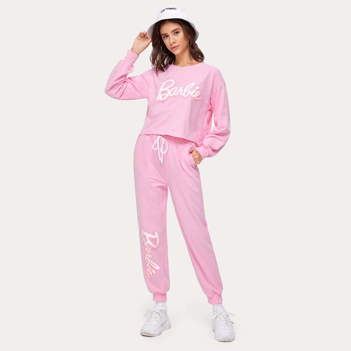 

Letter Graphic Top & Drawstring Pants, Baby pink