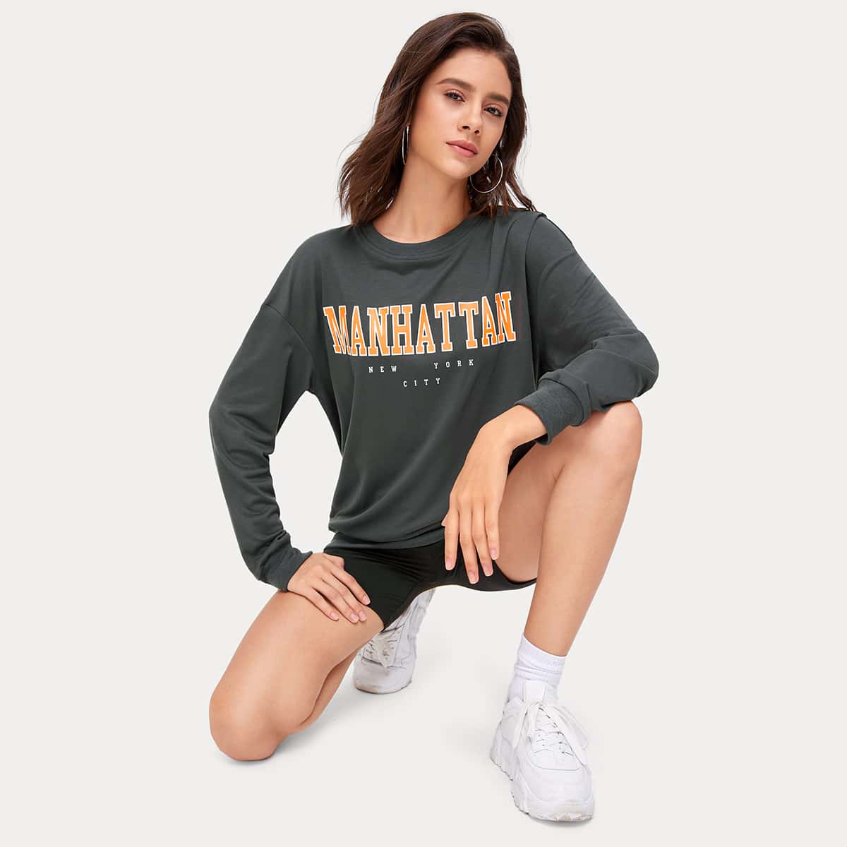 

Letter Graphic Sweatshirt & Biker Shorts, Dark grey
