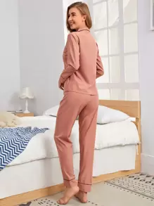 LuxeNights Contrast Piping Pocket Patched Pajama Set, Fall Winter Clothes - Dusty Pink - View 2