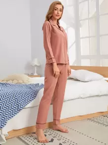 LuxeNights Contrast Piping Pocket Patched Pajama Set, Fall Winter Clothes - Dusty Pink - View 4