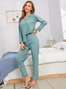 Conjunto de pijama con bolsillo con ribete de contraste, ropa de otoño e invierno - Azul Cadete - Ver 4