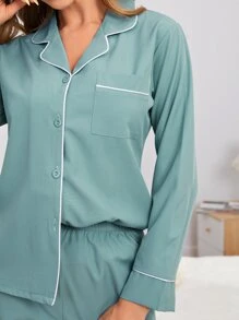 Conjunto de pijama con bolsillo con ribete de contraste, ropa de otoño e invierno - Azul Cadete - Ver 5