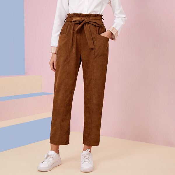 

Corduroy Dual Pockets Belted Paperbag Pants, Rust brown