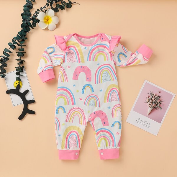 

Baby Girl Cartoon Graphic Contrast Binding Ruffle Jumpsuit, Multicolor