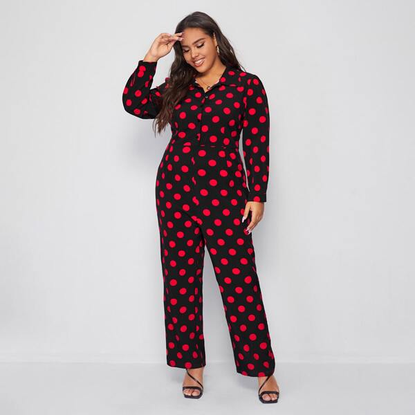 

Plus Polka Dot Shirt Jumpsuit, Multicolor