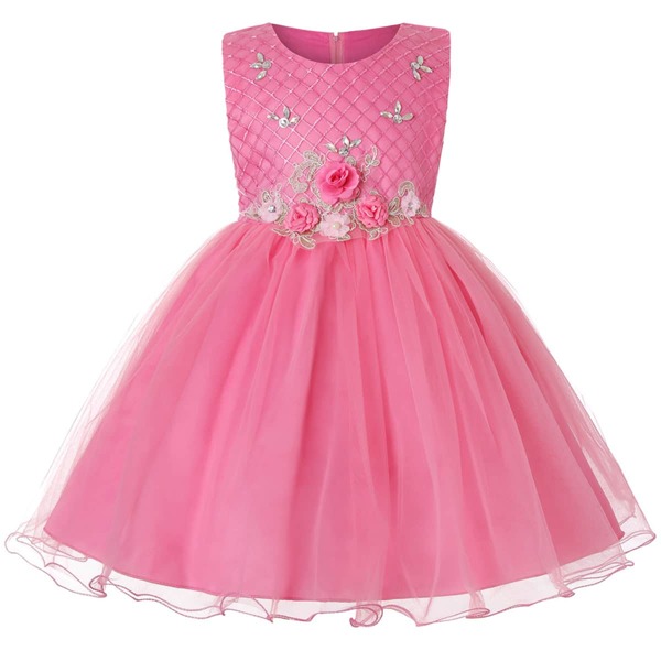 

Girls Tie Back Stereo Flowers Gown Dress, Pink