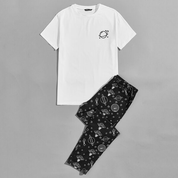

Men Short Sleeve Tee & Galaxy Print Pants PJ Set, Black and white