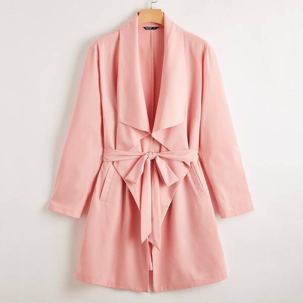 

Plus Solid Waterfall Collar Belted Coat, Coral pink