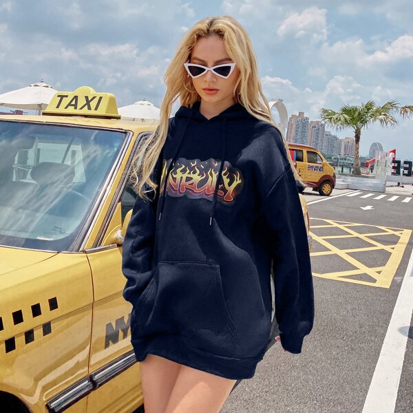 

Fire And Letter Graphic Kangaroo Pocket Hooded Sweatshirt Dress, Navy blue