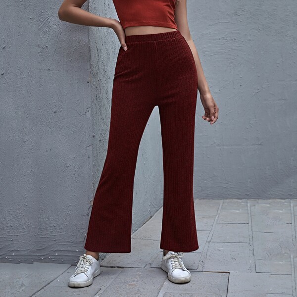 

Solid Rib-knit Flared Pants, Burgundy