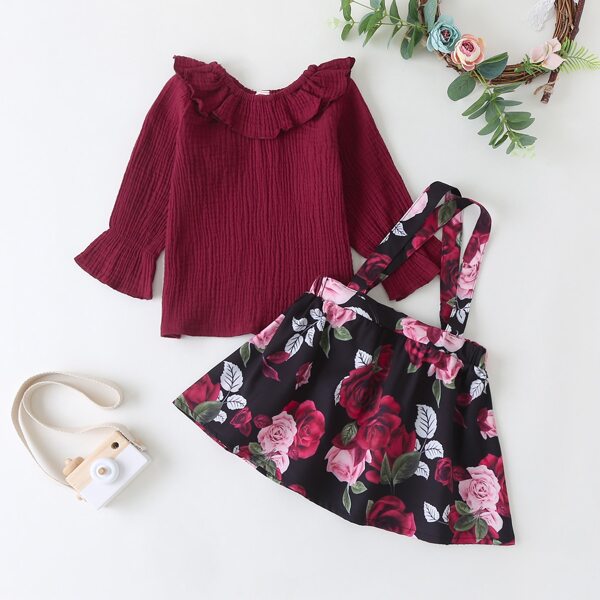 

Baby Girl Flounce Trim Blouse & Floral Suspender Skirt, Multicolor