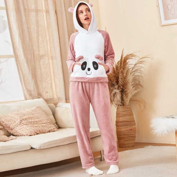 

Cartoon Graphic 3D Ear Hooded Flannel Pajama Set, Dusty pink
