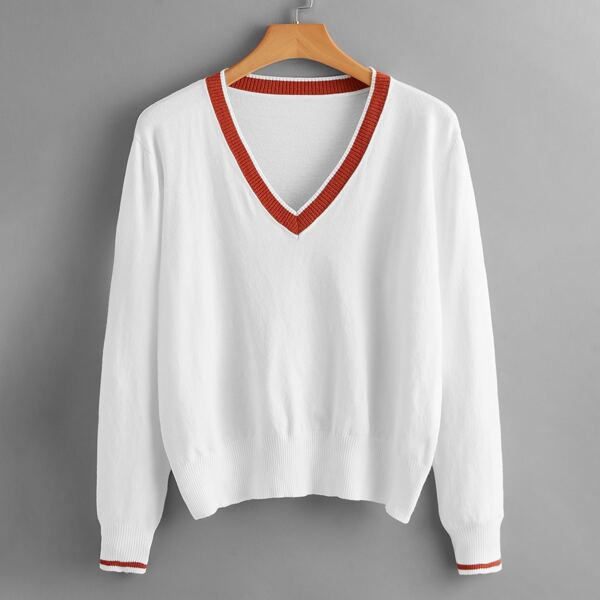 

Plus Contrast Trim V-neck Sweater, White