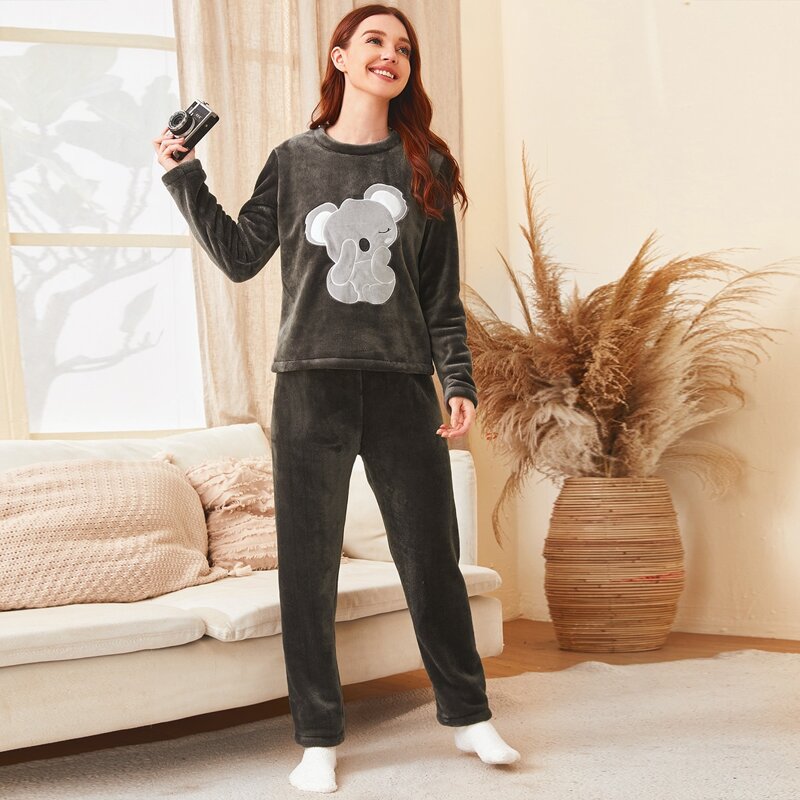 

Koala Print Flannel Pajama Set, Dark grey