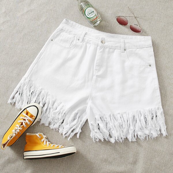 

Plus Fringe Hem Denim Shorts, White